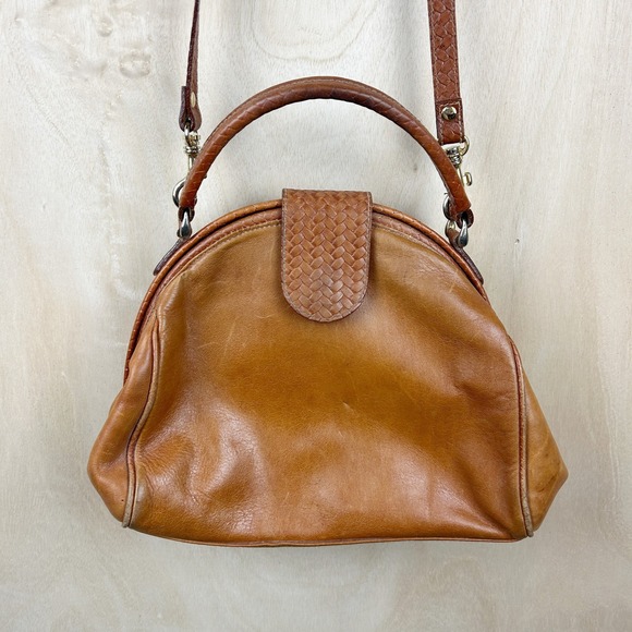 Vintage Genuine Leather Brown Clamshell Crossbody Purse - Picture 1 of 9